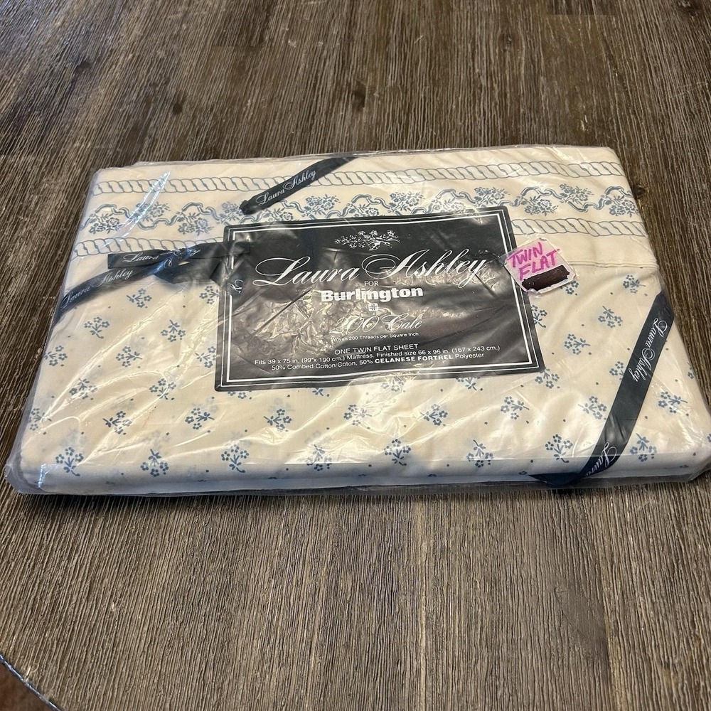 Vtg Laura Ashley Burlington 200 Threads Luxury Linen Twin Flat Sheet Blue Floral
